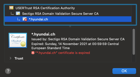finfinack's tweet photo. @HyundaiEurope you might want to replace your TLS cert with a new one. Maybe consider https://t.co/uZMULXcguY instead of Sectigo too? https://t.co/dqXsh5Dt9a