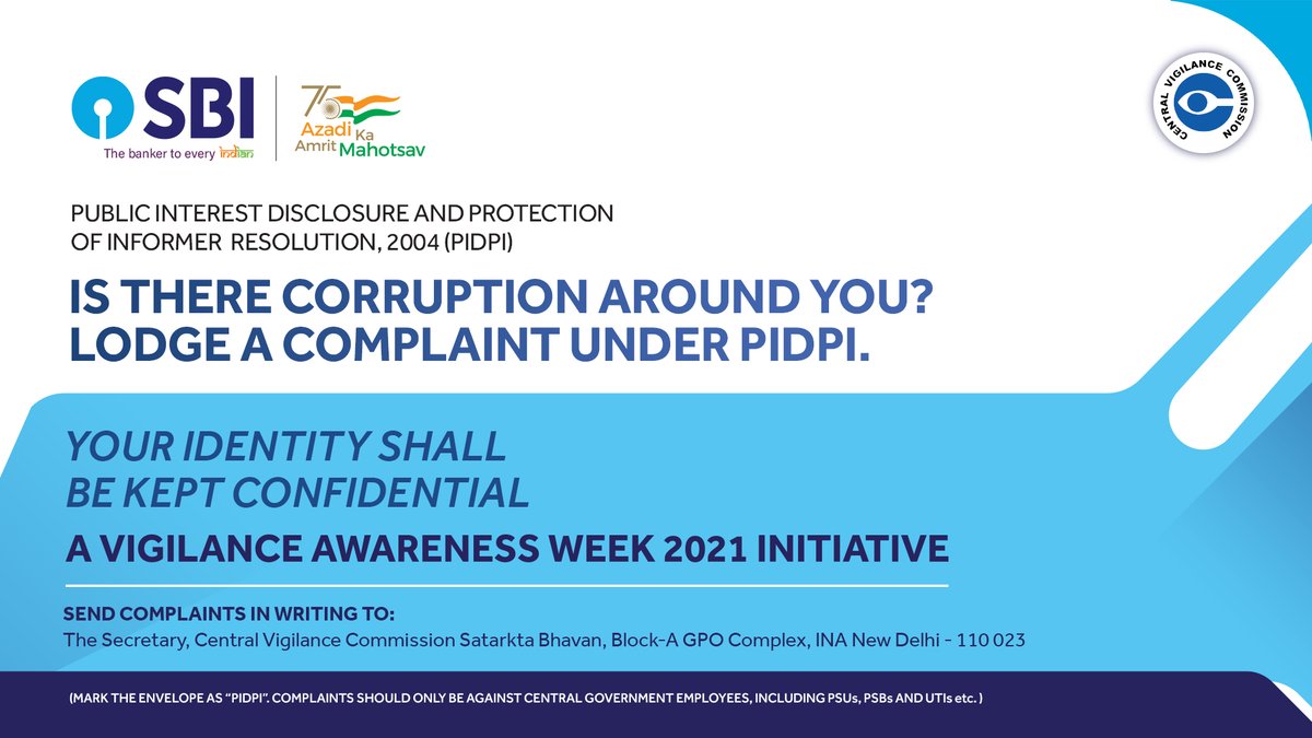 All Citizens are requested to take e-pledge by visiting CVC’s website. Click here for online “Integrity Pledge” - pledge.cvc.nic.in 

#IntegrityPledge #VigilanceAwarenessWeek #SBI #CVC