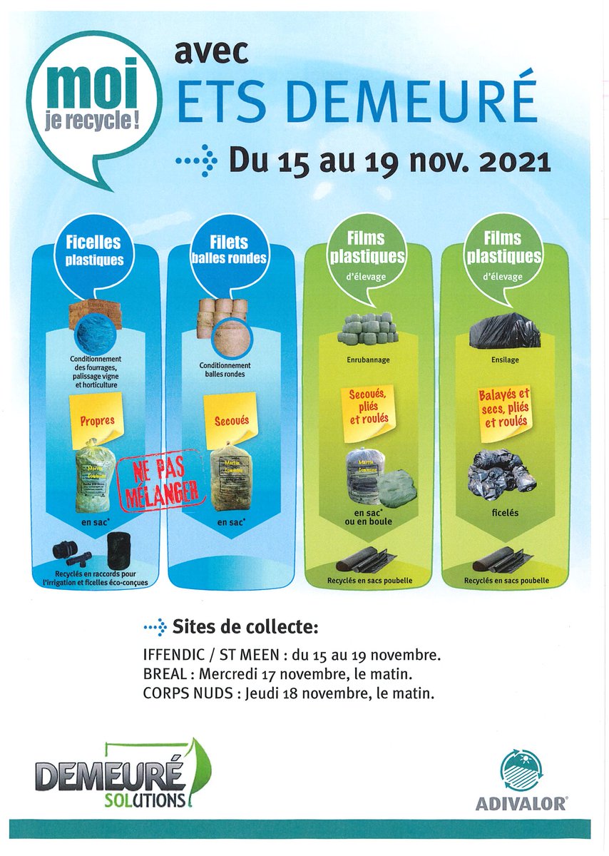DEMEURESolution's tweet photo. N'oubliez pas la collecte #Adivalor est prévue cette semaine pour les ficelles et les films plastiques 
Iffendic St Meen-le-Grand aux horaires habituels
Bréal-sous-Monfort: mercredi matin 
Corps-Nuds: jeudi matin
N'oubliez pas de noter vos noms et communes sur les sacs Adivalor https://t.co/T8LNtPLBgF
