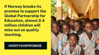 Norway proposes to cut crucial aid promised this year to <a href="/GPforEducation/">Global Partnership for Education</a>. Without this support, almost 2.4 million children will miss out on quality teaching. <a href="/ingridfiskaa/">Ingrid Fiskaa</a> <a href="/kariekas/">Kari Elisabeth Kaski</a> @audunlysbakken <a href="/Reber_Iversen/">Reber Iversen</a> will you #KeepYourPromise? The world's children depend on you