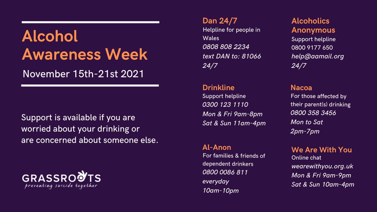 GrassrootsSP's tweet photo. This #AlcoholAwarenessWeek, we want to remind you that free, confidential support is available if you are worried about your drinking or if you are concerned about someone else.❤️

@dan_247, @AlAnonUKandEire, @NacoaUK, @WeAreWithYou, @AlcoholChangeUK https://t.co/E3re96rtU1