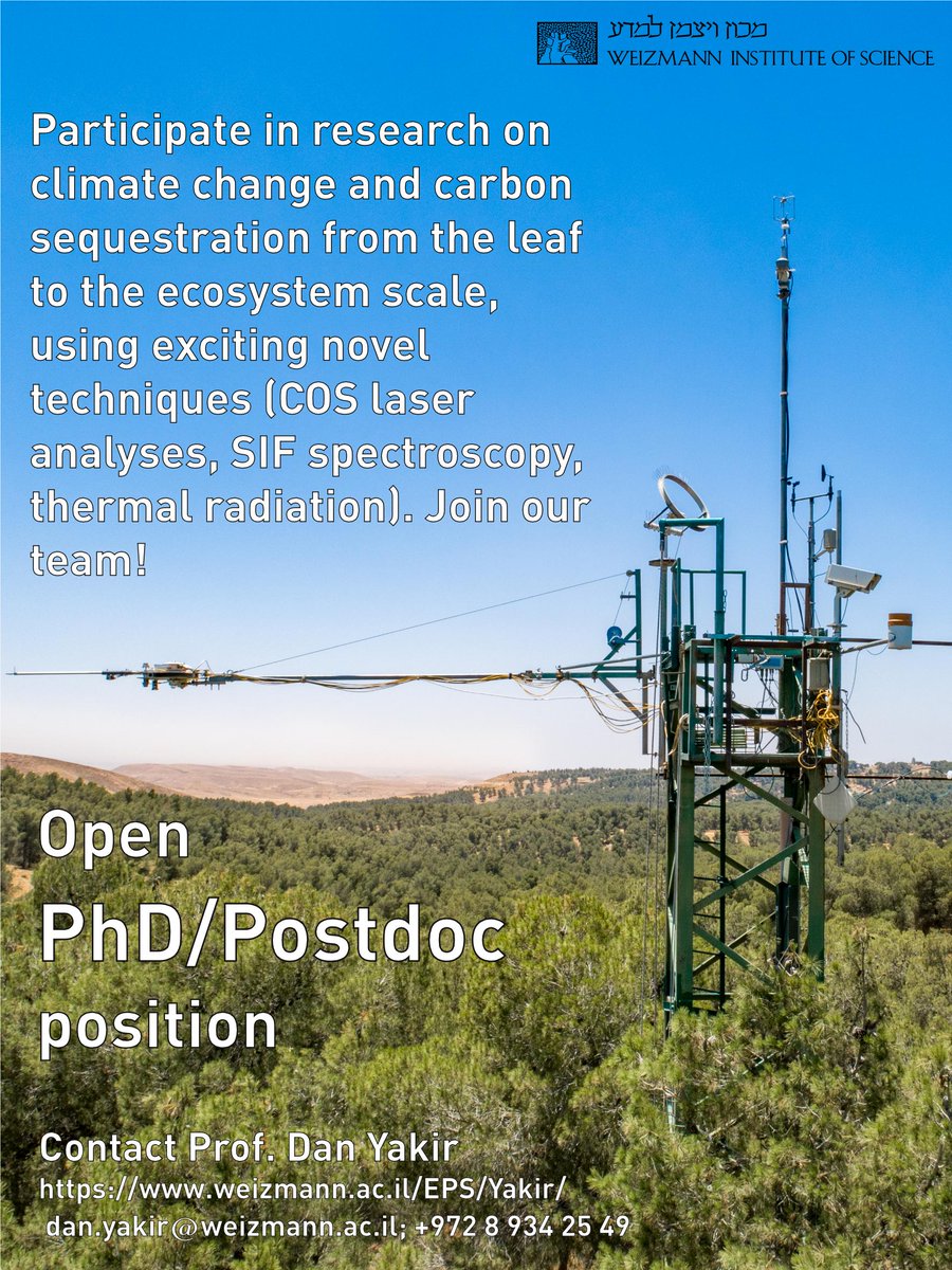 Participate in research on climate change and carbon sequestration from the leaf to the ecosystem scale, using exciting novel techniques (COS laser analyses, SIF spectroscopy, thermal radiation).

weizmann.ac.il/EPS/Yakir/
dan.yakir@weizmann.ac.il
+972 8 9342549

<a href="/dan_yakir/">dan yakir</a>