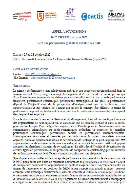 📢[Appel à Soumissions] 16ème #CIFEPME2022- Lyon 25-28 Octobre 2022
📆Date limite: 30 Avril 2022 
👉Infos: lnkd.in/dpPSNnep
🌐Soumission: lnkd.in/d9q74fBV
🎯Organisation: <a href="/utalyon2/">UTA Université Tous Ages-Université Lumière Lyon 2</a>, <a href="/Univ_St_Etienne/">Université Jean Monnet Saint-Étienne</a>, <a href="/Labo_Coactis/">Laboratoire Coactis</a>, École des Mines de Saint-Étienne, <a href="/airepme/">AIREPME</a>