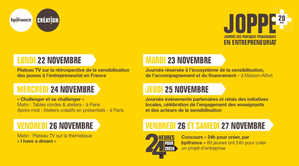 📅 1 SEMAINE POUR ENTREPRENDRE
Révélez l'entrepreneur qui est en eux 💪
Devenir #EnseignantEntreprenant en s’engageant pour la sensibilisation des jeunes à l’entrepreneuriat, c’est possible grâce aux #JOPPE 20 ans !
Inscrivez-vous vite : spkl.io/60194O4BV