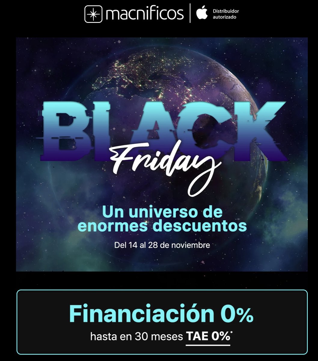 ¡YA ESTÁ AQUÍ NUESTRO BLACK FRIDAY!
Descubre un universo de enOOOrmes descuentos y financiación 0 %
💥 macnificos.com 💥

🖖🏼 Dale un RT bien fuerte, que se note que eres Macnifico y Macnifica 🖖🏼

#BlackFridayMacnificos