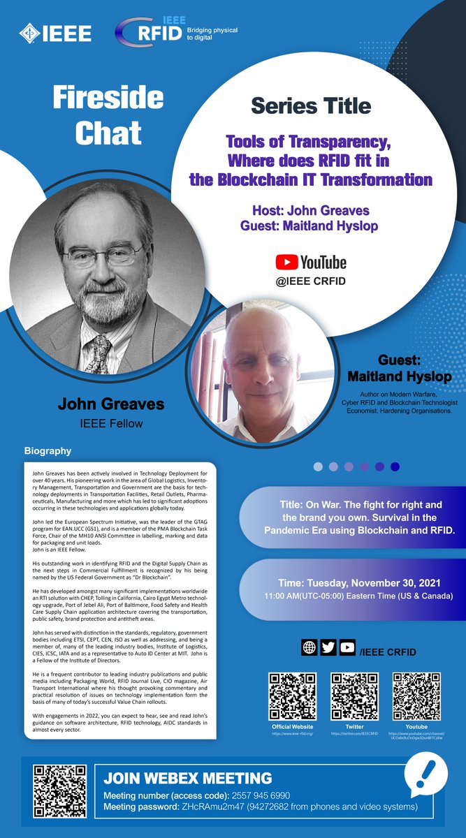 IEEE Council on RFID (@ieeecrfid) on Twitter photo #CRFID The CRFID Fireside Chat "Tools of Transparency, where does RFID fit in the blockchain IT Transformation" will start on Nov. 30. The host is Dr. John Greaves, and the first guest is Dr. Maitland Hyslop. Welcome to Join! #CRFID The CRFID Fireside Chat "Tools of Transparency, where does RFID fit in the blockchain IT Transformation" will start on Nov. 30. The host is Dr. John Greaves, and the first guest is Dr. Maitland Hyslop. Welcome to Join!