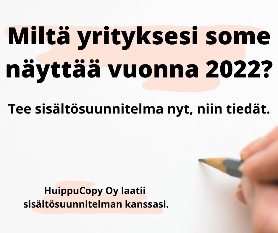 HuippuCopy's tweet photo. Mitä haluat kertoa asiakkaillesi ja sidosryhmillesi alkavana vuonna?

Markkinointi puree parhaiten, kun sen taustalla on suunnitelma. Laadi se kanssamme nyt vuoden 2022 varalle.

#sisällöntuotanto #sisällöntuottaja #sisältömarkkinointi #sisältösuunnitelma #sisältö https://t.co/TNeavIeacm