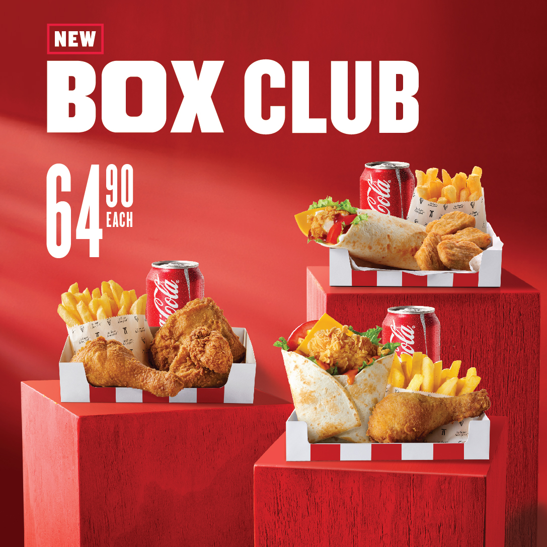 KFCNamibia's tweet photo. Introducing the KFC Box Club! Choose the Chicken Box, Wrapsta Box or Twister box for N$64.90 each! Available at all KFCs! #KFCNamibia https://t.co/bD0FLpdD08