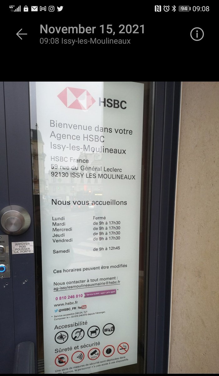 OmarSTurk's tweet photo. @HSBC_FR regardez les horaires d'ouverture annoncés et ma capture d'écran mobile et temps photo https://t.co/kwzGp7EVSY