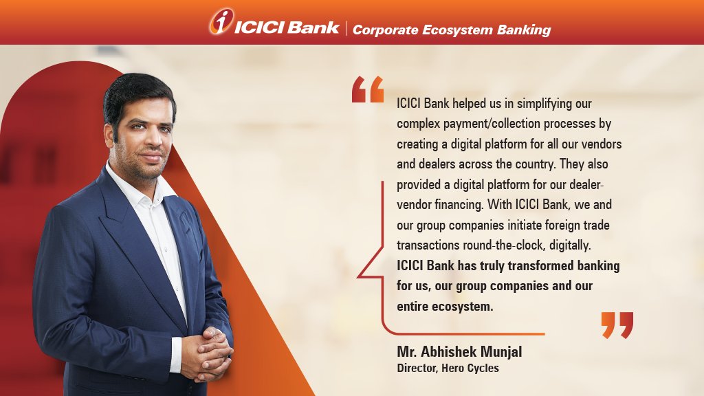We are delighted to be the preferred banking partner for <a href="/Hero_Cycles/">Hero Cycles</a>, as we streamlined their dealer-vendor financing thereby enabling them to effortlessly execute foreign trade transactions anytime from anywhere. (1/2)
#ICICIBank #CorporateEcosystemBanking #DigitalCorporateBank