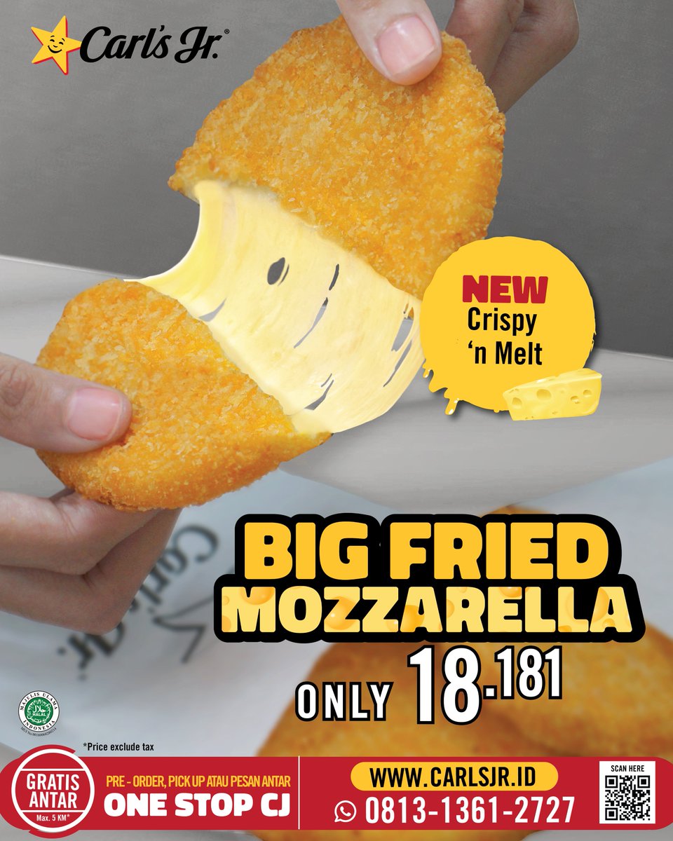 CarlsJrID's tweet photo. Calling all the cheese lovers!
Nikmatin new sides khusus kamu yang suka banget sama keju.
Pesan ke store CJ terdekat BIG FRIED MOZZARELLA mulai dari 18Ribuan.
Promo berlaku untuk dine in, take away, One Stop CJ dan juga pesan antar.
#CarlsJrID #CarlsJr #Chargrilledburger https://t.co/pDzUcfbp77