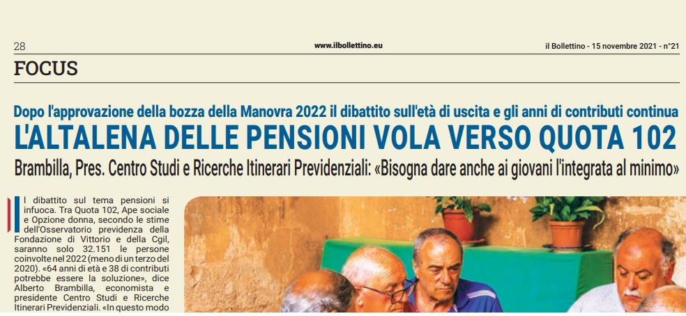 MarioCatalano2's tweet photo. Uscito il nuovo numero de @BollettinoIl (potete scaricare qui il pdf: https://t.co/ffcMGn1IiO...). All'interno anche una mia intervista a @AlBrambilla, presidente di @ItPrevidenziali

#pensioni #Quota102 #RiformaFornero #giovani #Opzionedonna #contributi #Manovra2022 https://t.co/CfbCVzbnSp