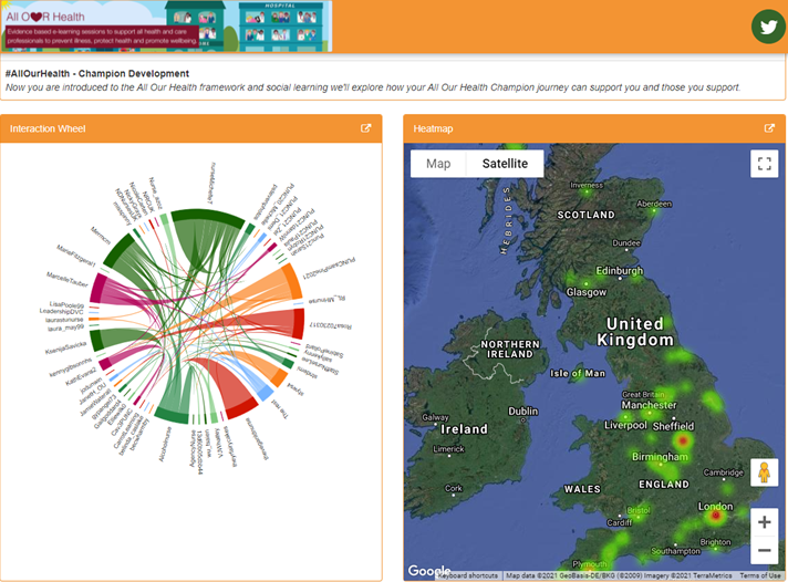The #AllOurHealth champions heatmap &amp; interaction wheel is really starting to come alive. 

If you would like to join this online community to enhance your focus on #prevention #protection &amp; #promotion, sign-up today courses.carrotlearning.co.uk/PHEAOHC