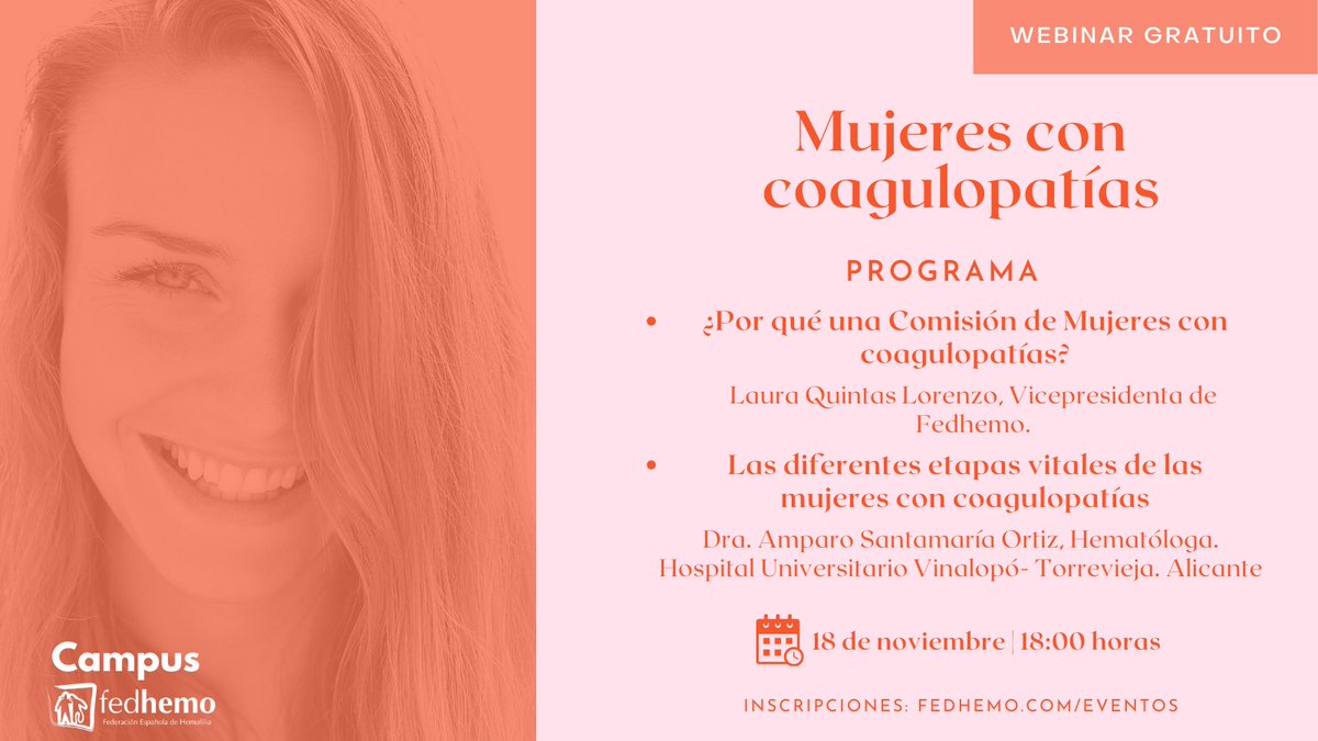 fedhemo's tweet photo. En @somos_pacientes se hacen eco de nuestro próximo webinar en #CampusFedhemo. Hablaremos sobre las diferentes etapas vitales de las mujeres con coagulopatías. 🚺
🗓️ Jueves 18 de noviembre 
⏰ A las 18:00 👇
https://t.co/LrEhc6g5Vb https://t.co/IrFdti2vkf