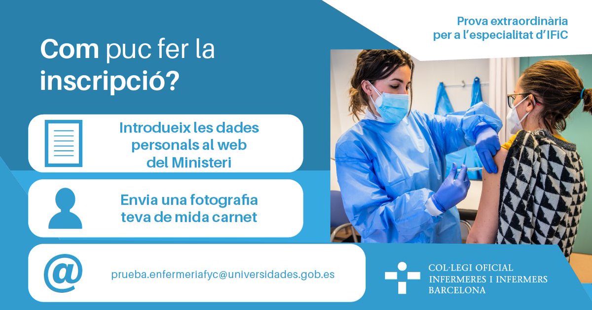 COIBarcelona's tweet photo. Saps quins passos has de seguir per fer la inscripció a la prova extraordinària per a l'especialitat d’#InfermeriaFamiliariComunitària❓

Consulta tota la informació ➡️https://t.co/N1xU9mi6IF #IFiC #infermeres https://t.co/DcLsmELFFK
