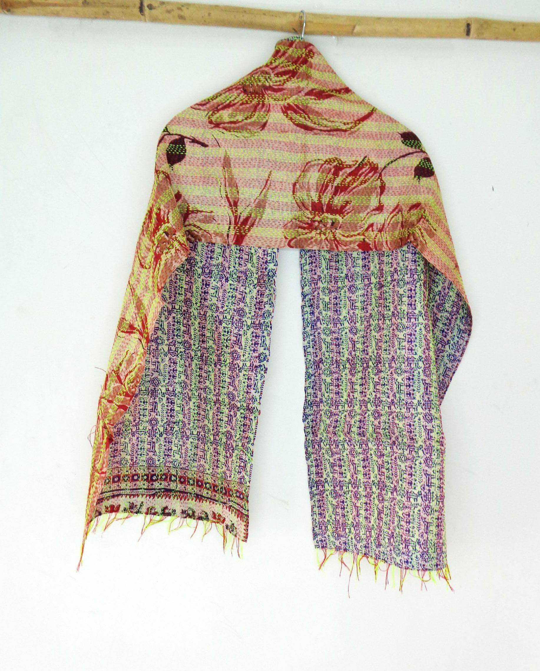 Silk Kantha Scarf Neck Wrap Stole veil Hand Quilted Women Shawl Stitched  KQ39