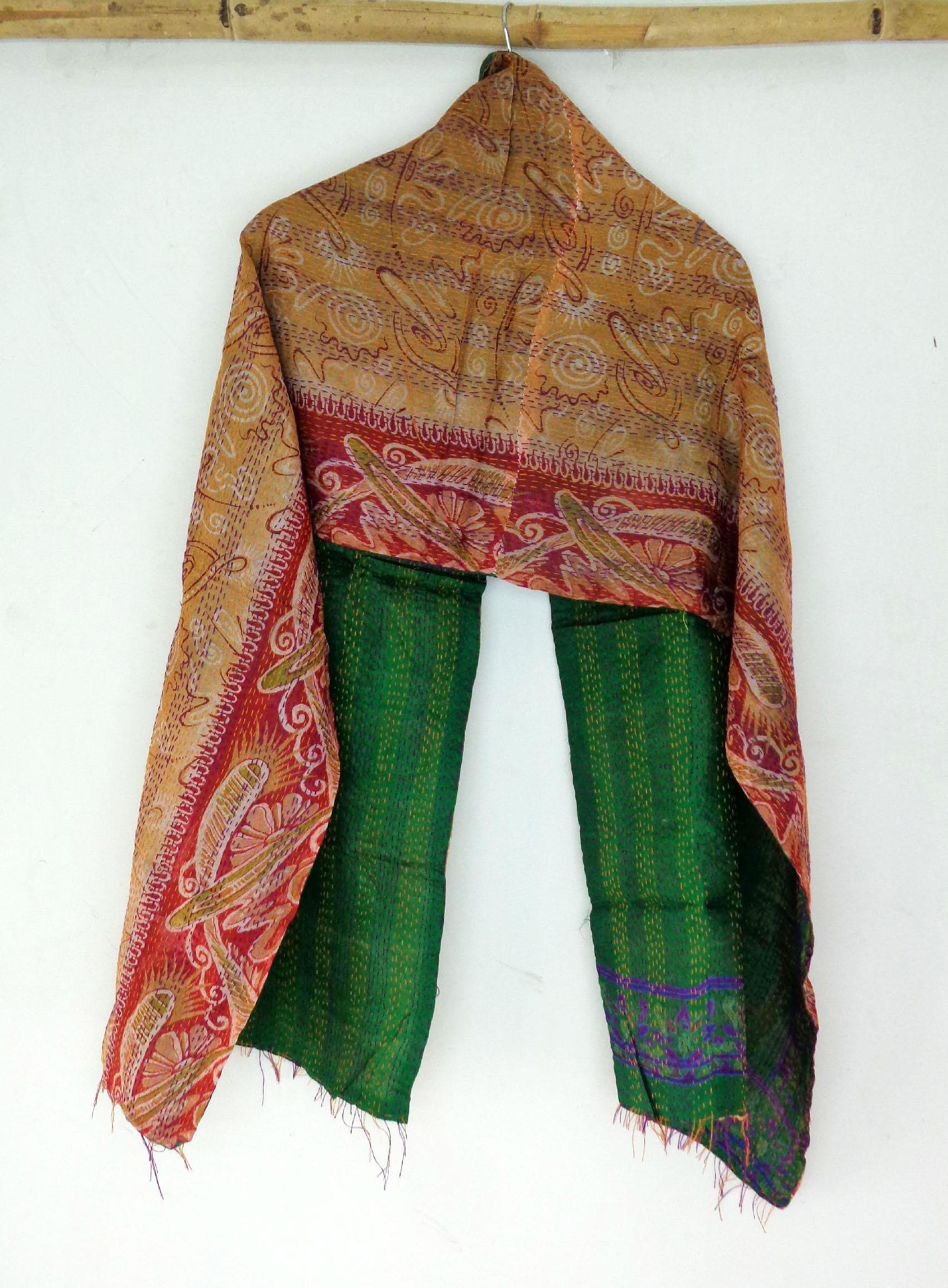 Silk Kantha Scarf Vintage Neck Wrap Stole Dupatta Hand Quilted Women Bandanas  KQ41