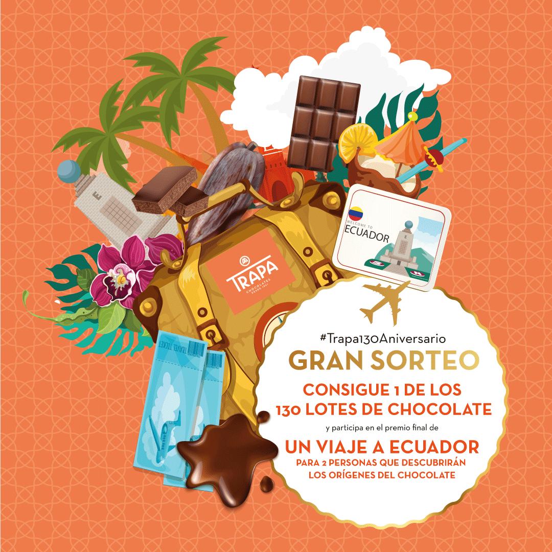 SORTEO 130 ANIVERSARIO TRAPA 🧡

Si quieres ganar uno de los 130 lotes de chocolate y el premio final de un viaje a Ecuador tendrás que:

Seguirnos, etiquetar a un amigo, retuitear y responder correctamente las siguientes preguntas: