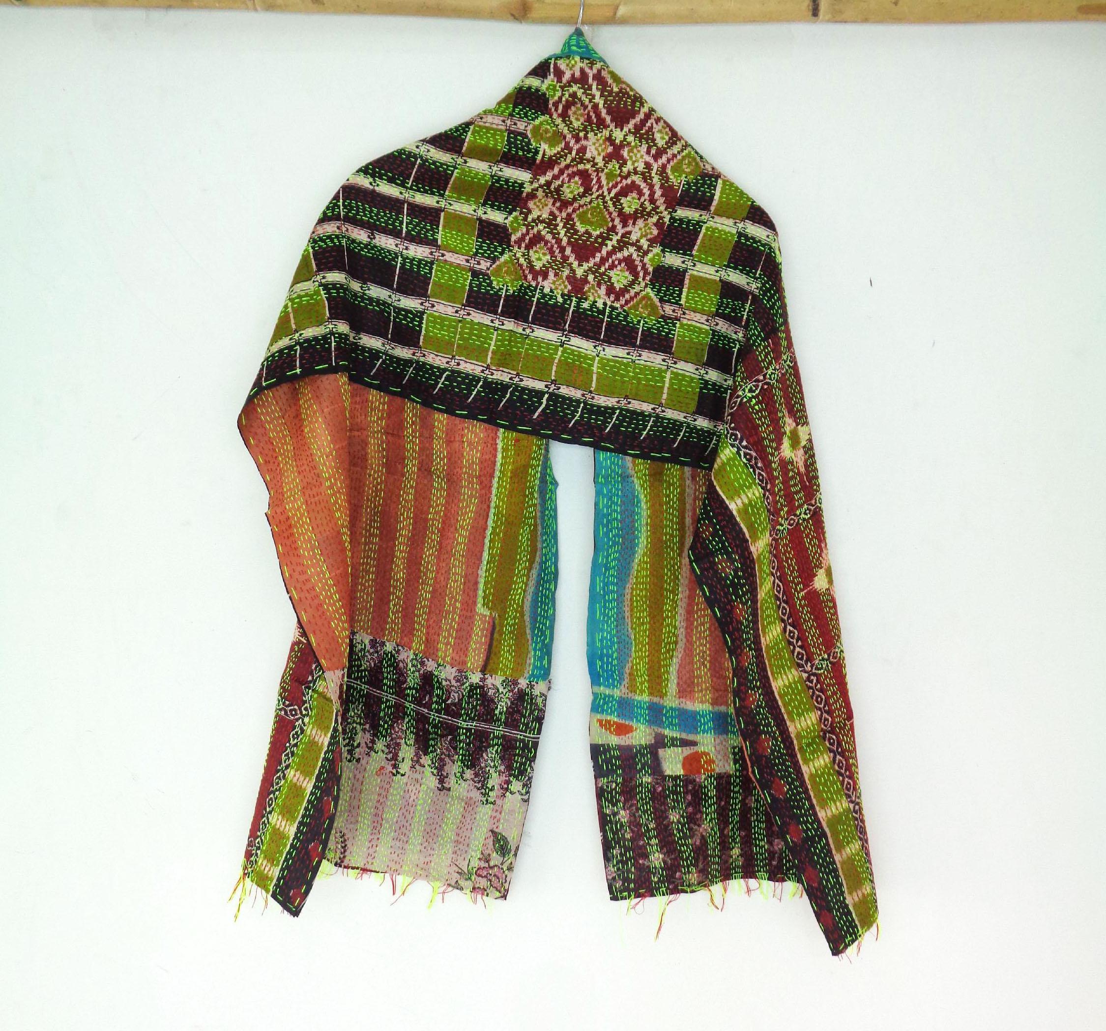 silk scarf kantha work stole bohemian Indian handmade stole vintage scarves KQ47