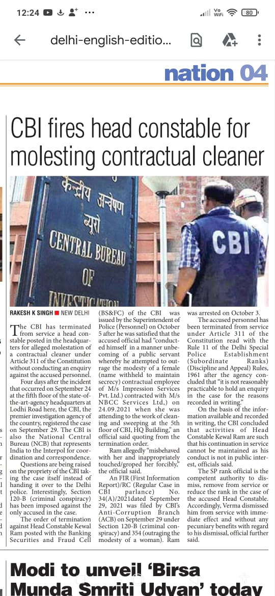 Rakesh_Pioneer's tweet photo. #CBI dismisses a Head Constable for alleged #molestation of a contractual #woman #employee of a housekeeping vendor under #Article311 of #Constitution without conducting any enquiry, my report: https://t.co/ABmFXStfmQ