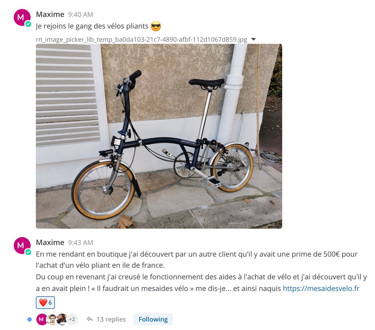 jherizi's tweet photo. J'allume Mattermost ce matin et je découvre que Maxime a décidé de répertorier toutes les aides pour acheter un vélo (en un clic - par code postal) 😍

C'est cadeau 👉 https://t.co/kK40zr8QUx https://t.co/w8bmATjZBV