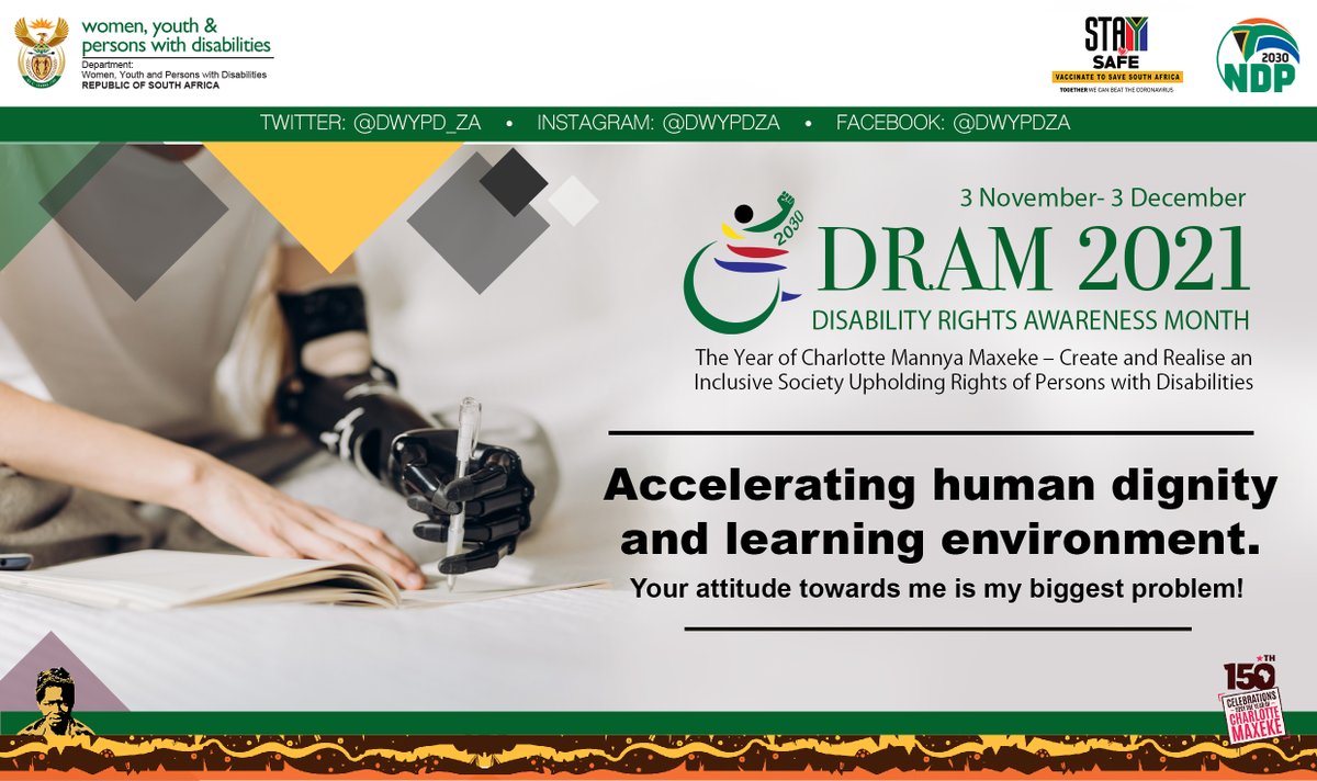 GovernmentZA's tweet photo. Persons with disabilities are entitled to exercise their civil, political, social, economic and cultural rights on an equal basis with others under all the international treaties.
#DisabilityInclusionSA
#DRAM2021
#DisabilityRights https://t.co/zcdw2N5Zno