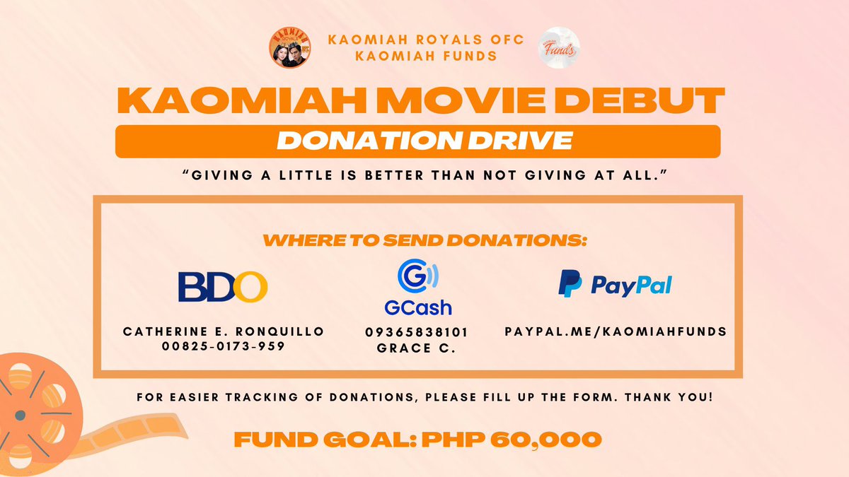 We accept donations via Gcash, Paypal and BDO. This will be used for the performance SALES of #KaoMiah #LoveAtFirstStream. Please don’t forget to fill out the form after donating. Thank you so much! 🧡

Form for donations: forms.gle/Kx9N1Rwa68yQLJ…