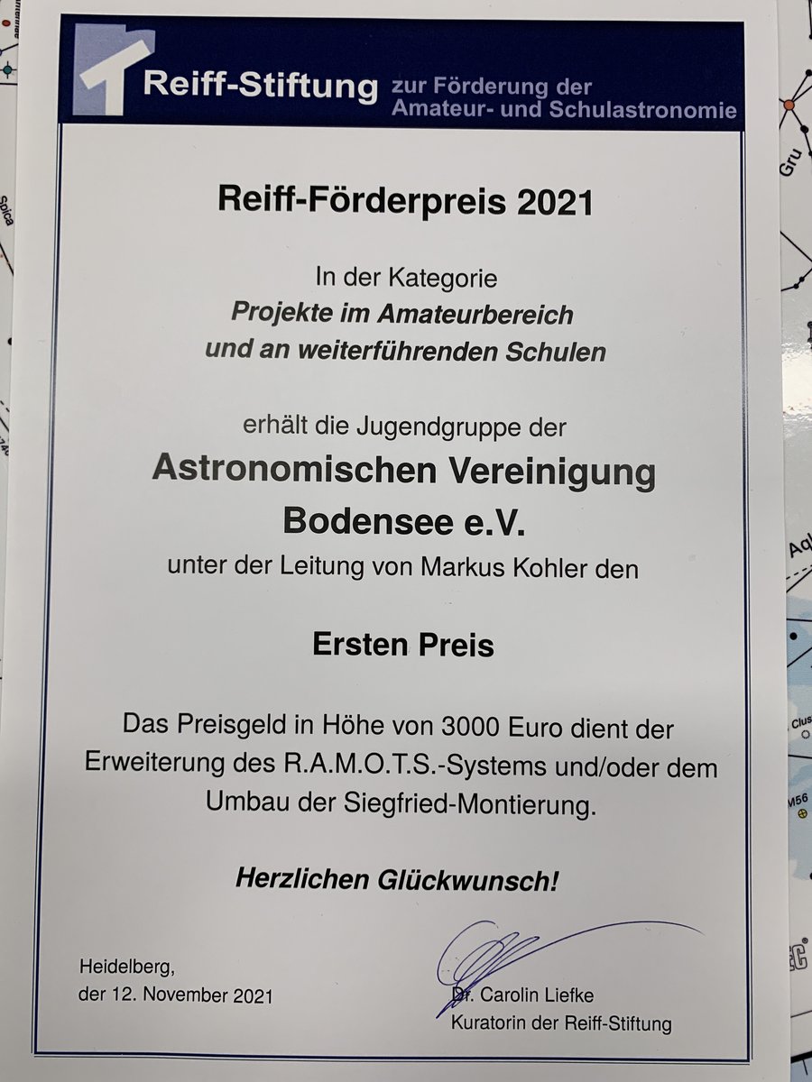 Wir könne mit Stolz verkünden, dass wir (zum zweiten Mal in Folge!) Den Reiff-Förderpreis des Jahres 2021 gewonnen haben!
Der Preis wird für Amateur- und Schulastronomie verliehen. Den Gewinn werden wir nutzen, um das R.A.M.O.T.S. zu fördern.
#astronomy #Astrophotography