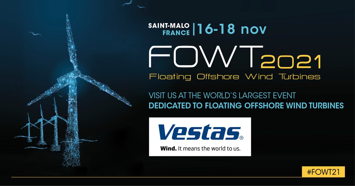 Vestas's tweet photo. From 16th to 18th November, meet @Vestas team in Saint-Malo, at #FOWT2021, the world's largest Floating Offshore Event.
Meet Charles Dugué, Benoit Gilbert, Pablo Necochea and Nadia Loumani at our stand.
#GBI #EOLMED #EFGL #Windfloat https://t.co/KjWLCDAzLG
