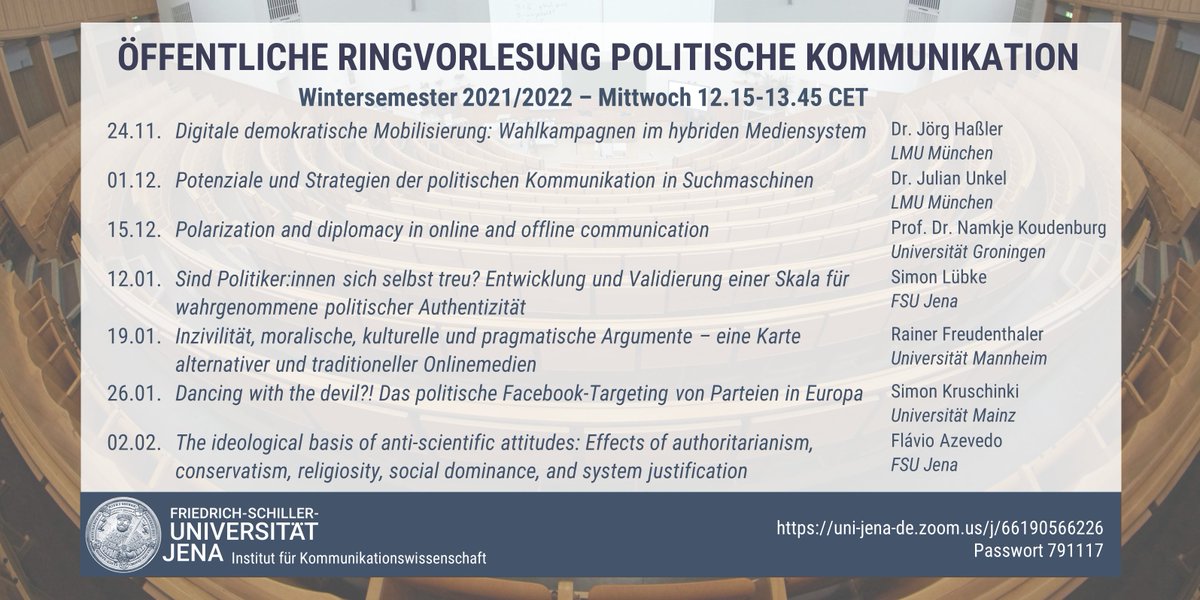 IfkwJ's tweet photo. Wir freuen uns sehr, dass die Ringvorlesung in unserem neuen Masterstudiengang #PolitischeKommunikation @uniJena im Wintersemester 21/22 öffentlich zugänglich ist! Infos zu den Vortragenden sowie den Zugangsdaten hier: https://t.co/Jhpfu7X69G