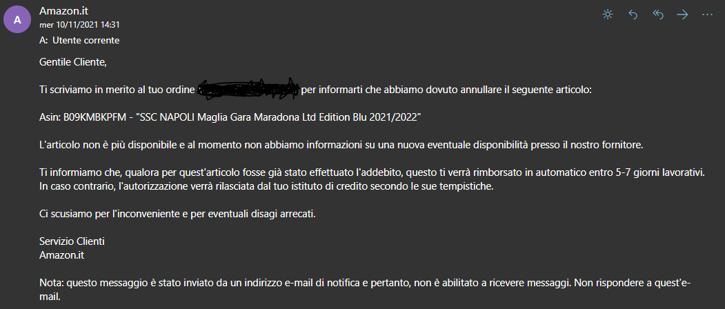 AlesBrunetti's tweet photo. Con grandissima #delusione ho scoperto che @AmazonIT ha arbitrariamente cancellato il mio #ordine della maglia celebrativa di #Maradona della @sscnapoli senza una valida motivazione!
Pessima risposta di @amazon, la cui unica risposta è che emetteranno un rimborso... 🤬 https://t.co/9rbhfB2lEU
