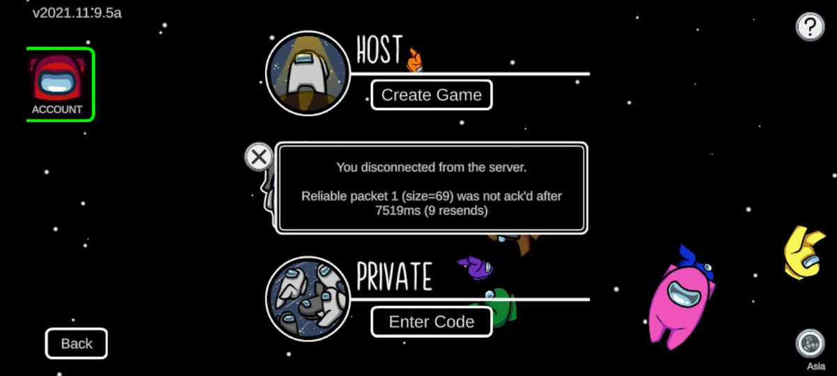 SalimaK98's tweet photo. @AmongUsGame Still getting this, thought the problem was going to be sorted this weekend??? https://t.co/67ZHJX4hIQ