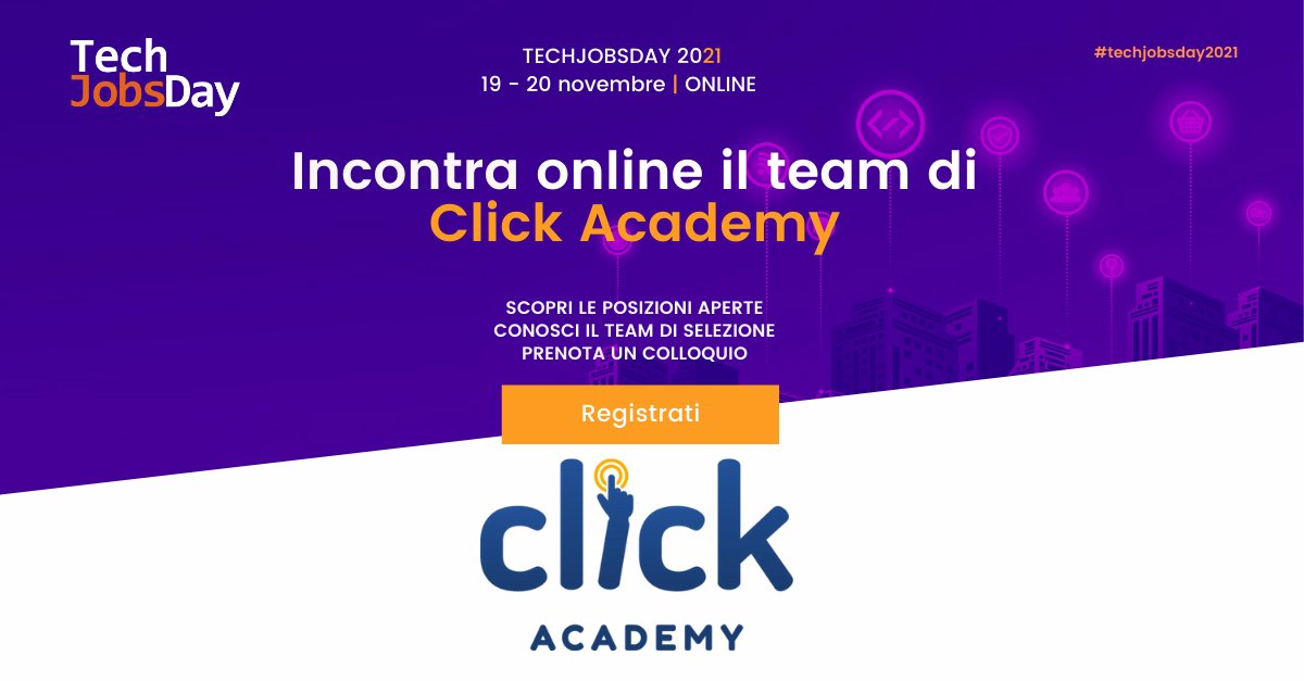 Reteinformatica's tweet photo. Il team di Click Academy sarà impegnato al #techjobsday2021 nella selezione di docenti in: - #sicurezzainformatica - #tecnologie informatiche - #programmazionejava - sviluppo web .
Mettiti in gioco! Candidati ora https://t.co/OCIAO9imZd

#JobAlert #Career #formazione https://t.co/2y1H9B5KuZ