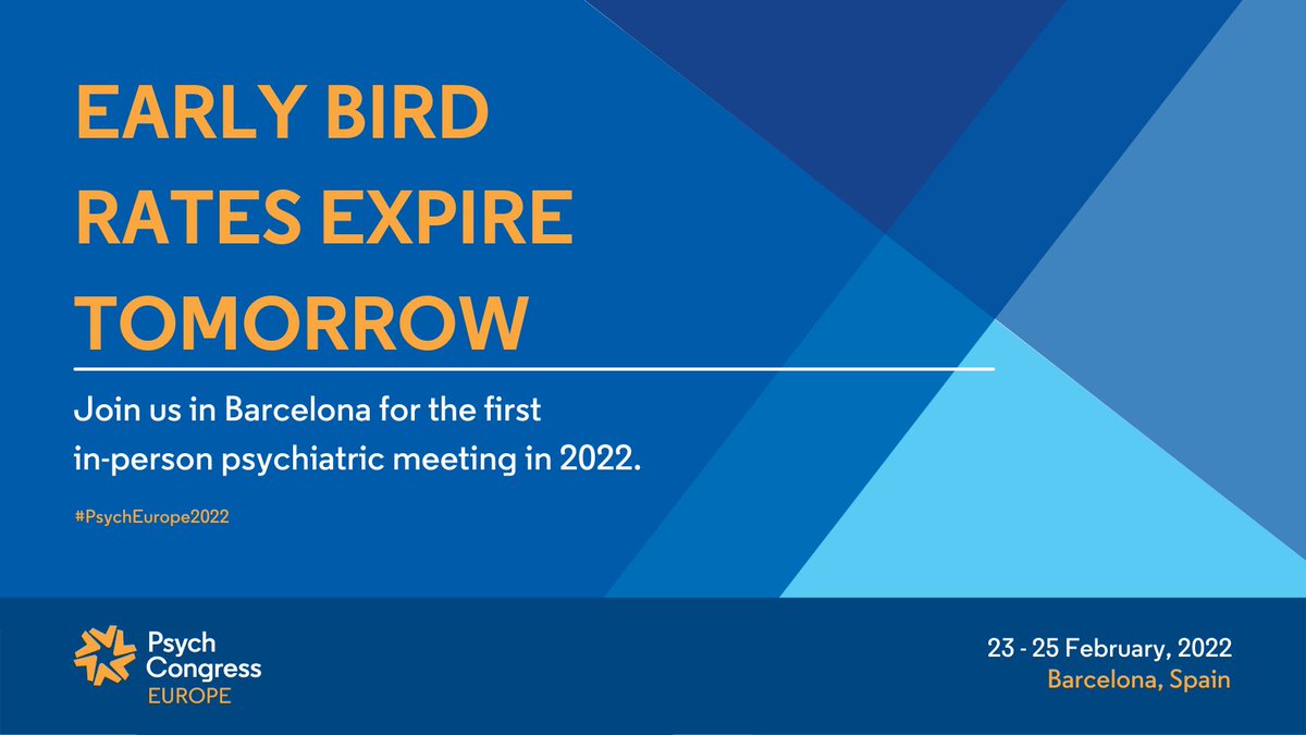 ⏰ TOMORROW – Early bird registration deadline!

If you haven’t secured your seat yet, we encourage you to be an early bird and register for #PsychEurope2022 today👉 bit.ly/3k4PqYp
#psychopharmacology #depression #psychotherapy #mentalhealth #mentalhealthspecialist
