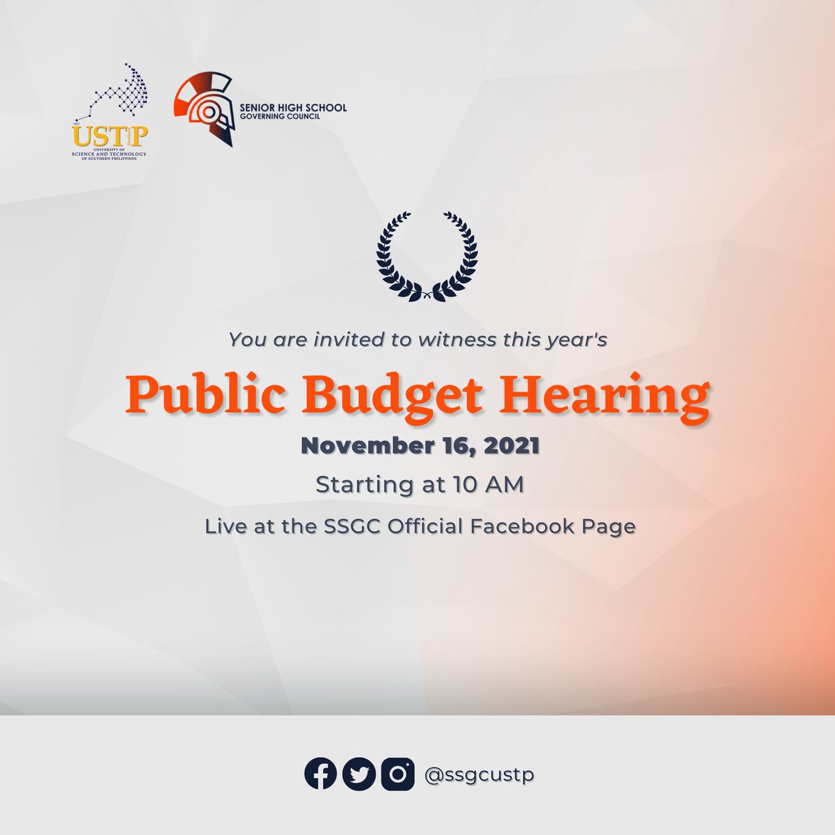 ssgcustp's tweet photo. Helms up, Spartans!
The Senior High School Governing Council - USTP is inviting all Senior High School students in the university to witness this year's Public Budget Hearing; starting at 10 AM on Tuesday, 16 November 2021.
Save the date!
#SSGCisBack
#ssgcustp https://t.co/mU4EuXUG6g