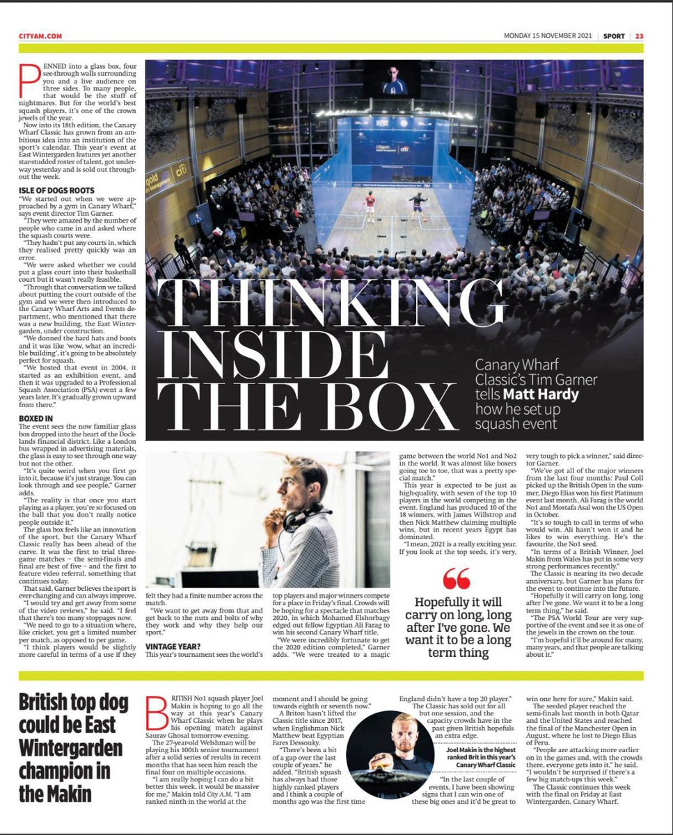 London Squash Classic (@londonsqclassic) on Twitter photo Whole page article in <a href="/CityAM/">City A.M.</a> featuring an interview with @CWCsquash Tournament Director <a href="/Tgsquash/">Tim Garner</a>
Thank you for the coverage.
@PSAWorldTour <a href="/EWG_CanaryWharf/">East Wintergarden</a> @yourcanarywharf Whole page article in <a href="/CityAM/">City A.M.</a> featuring an interview with @CWCsquash Tournament Director <a href="/Tgsquash/">Tim Garner</a>
Thank you for the coverage.
@PSAWorldTour <a href="/EWG_CanaryWharf/">East Wintergarden</a> @yourcanarywharf