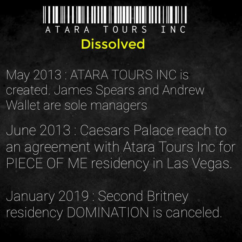 MeanerThree's tweet photo. Atara Tours Inc : Dissolved. 
The company created in May 2013 where Britney was appointed as President in April 2019 was dissolved later that year in November. https://t.co/o5VeEkBy2h