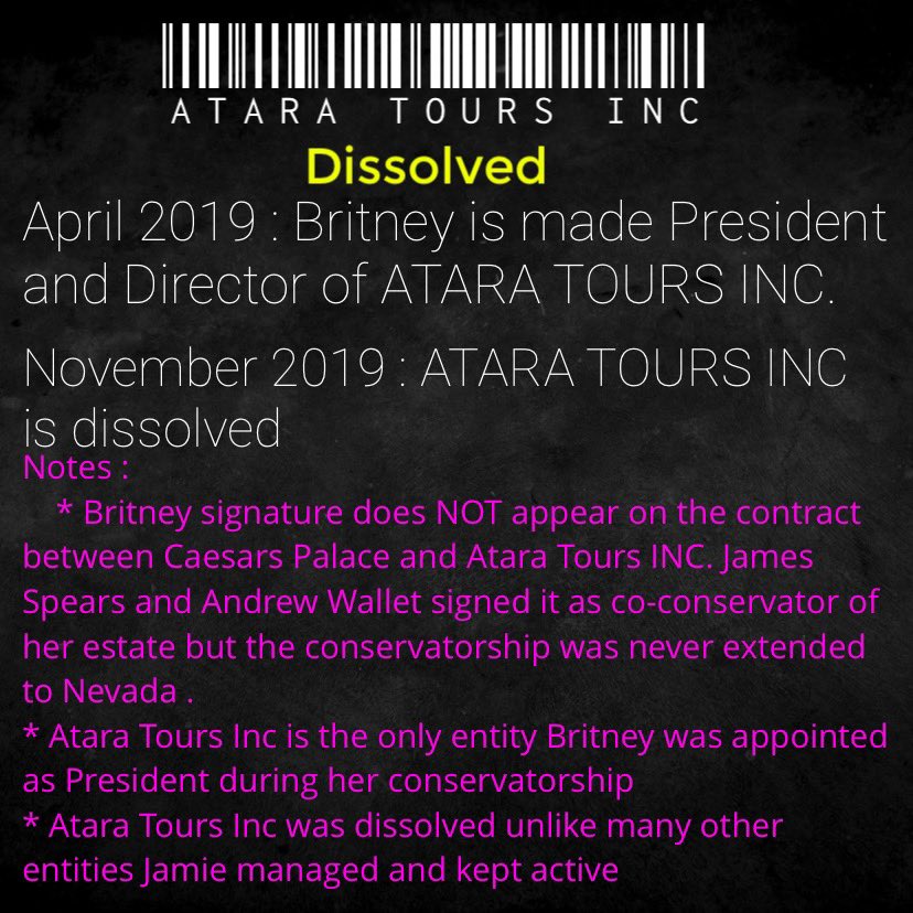 MeanerThree's tweet photo. Atara Tours Inc : Dissolved. 
The company created in May 2013 where Britney was appointed as President in April 2019 was dissolved later that year in November. https://t.co/o5VeEkBy2h