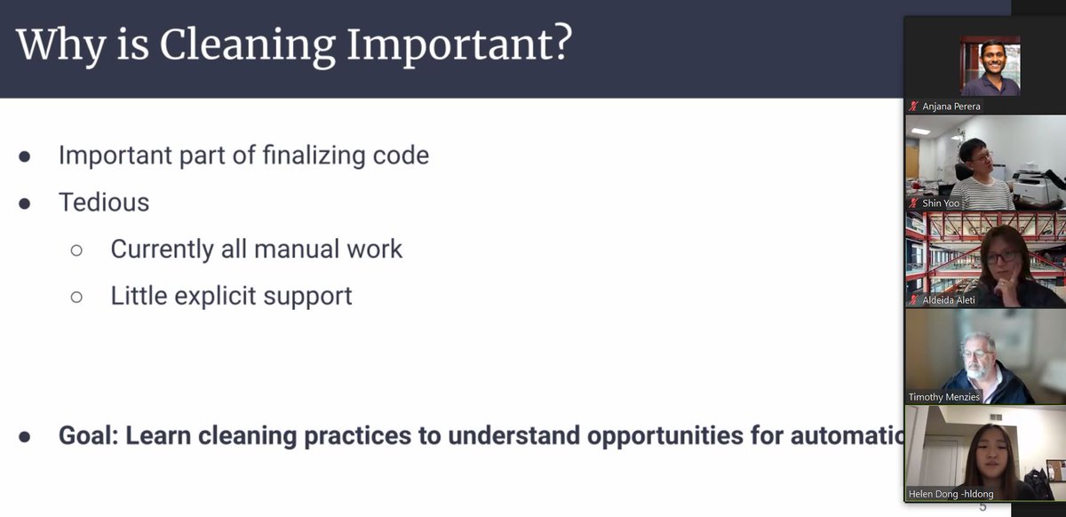 RAISEWorkshop's tweet photo. Session 2 is in progress!

“Splitting, Renaming, Removing: A Study of Common Cleaning Activities in Jupyter Notebooks” by Helen Dong, Shurui Zhou, Jin Guo and Christian Kästner

Program 👉🏽 https://t.co/q0UnwRBE1e

@AldeidaAleti @drsyoo @anjana_perera11 @ASE_conf https://t.co/DnBXjqUQmN
