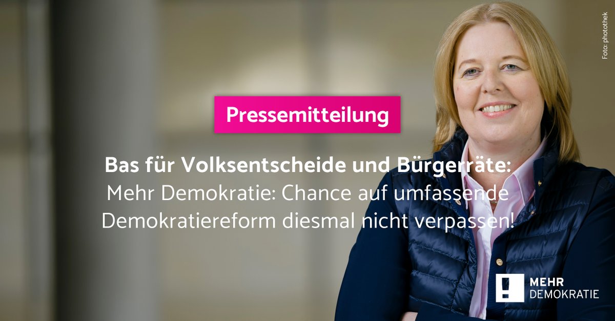 Mehr Demokratie e.V. (@volksentscheid) on Twitter photo Die neue Bundestagspräsidentin <a href="/baerbelbas/">Bärbel Bas</a> tritt nicht nur für #Bürgerräte, sondern auch für bundesweite #Volksentscheide ein. Sehr gut! Wir setzen auf eine echte Demokratiereform In der nächsten Legislaturperiode.
Mehr dazu: mehr-demokratie.de/presse/einzela… Die neue Bundestagspräsidentin <a href="/baerbelbas/">Bärbel Bas</a> tritt nicht nur für #Bürgerräte, sondern auch für bundesweite #Volksentscheide ein. Sehr gut! Wir setzen auf eine echte Demokratiereform In der nächsten Legislaturperiode.
Mehr dazu: mehr-demokratie.de/presse/einzela…