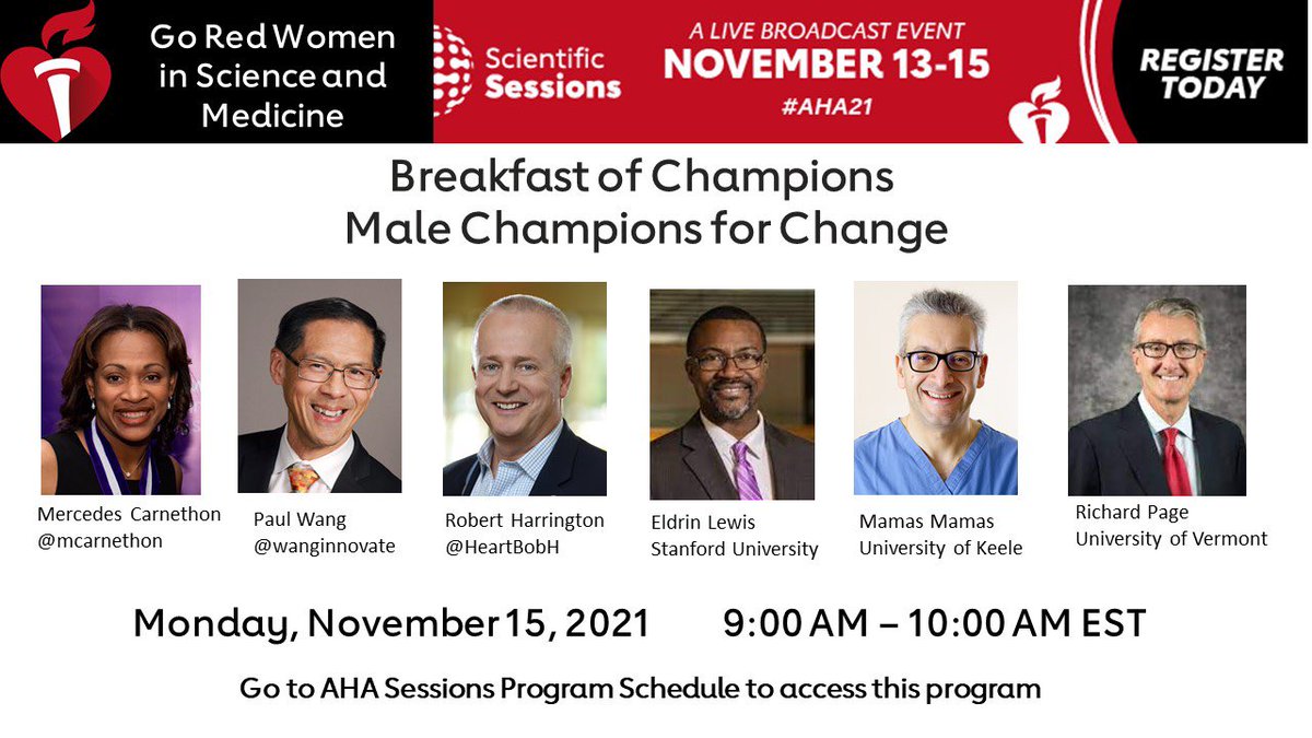 Day 3 of #AHA21 starts today with a great session: Male Champions for Change! @AHAMeetings Amazing Panel: @MCarnethon @Wanginnovate @HeartBobH @American_Heart @GoRedForWomen @AHAScience