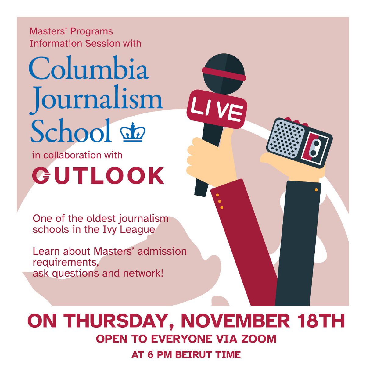 Tune in this Thursday to learn more about the Masters’ Programs that Columbia Journalism School offers! 📸
You can access the information session by registering here: 
apply.jrn.columbia.edu/register/aub11…