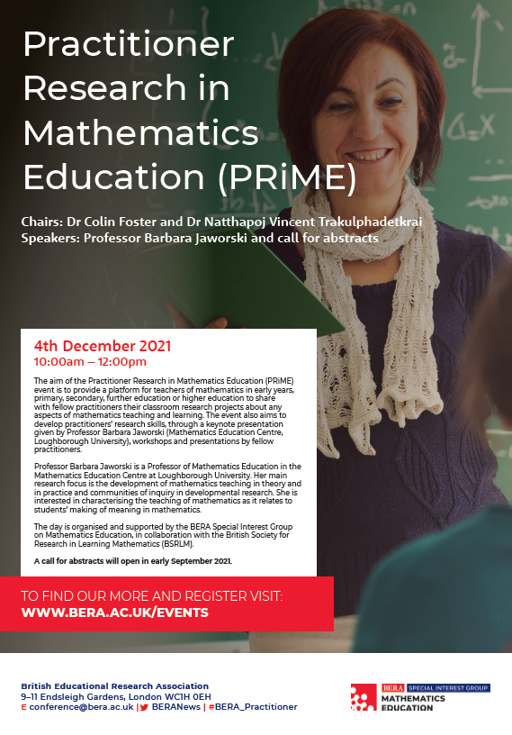 BERANews's tweet photo. BERA #BERAMathEd event: Practitioner Research in Mathematics Education (PRiME) 4 December 2021 Register Now
https://t.co/yXCCso4Xzb
@colinfoster77 @BSRLM_maths https://t.co/VwJhW8NJRl