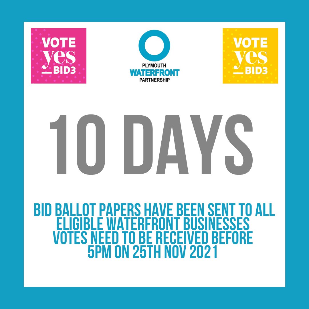PWPBID's tweet photo. 10 days remaining! #BID3VoteYes #WaterfrontBID
⚠️ Please post your ballot papers ASAP to ensure it reaches Civica before the closing date; 5pm on the 25th November 2021 ⚠️
See the BID3 Business Plan > https://t.co/asdtp6fenG
If you have any questions, please get in touch! 🙂 https://t.co/Ao0bwIJDWj