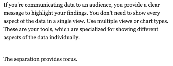 A great tip in the <a href="/flowingdata/">Nathan Yau</a> newsletter. Visualisations are so easy to overthink/overcook, when in reality all you need are more simple charts instead of one "whizbang graphic".