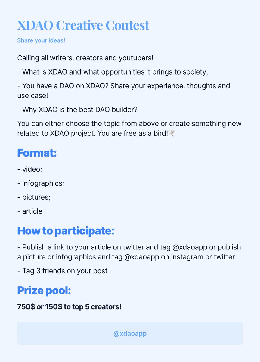 xdaoapp's tweet photo. We are starting the first XDAO creative contest!
We believe that Decentralized Organizations are the future of blockchain.

Does this idea resonate with you?

Share your thoughts, creativity or analytics on DAOs and XDAO!
Read the attached instructions to participate
#xdaocontest https://t.co/5PMMjV1Aar