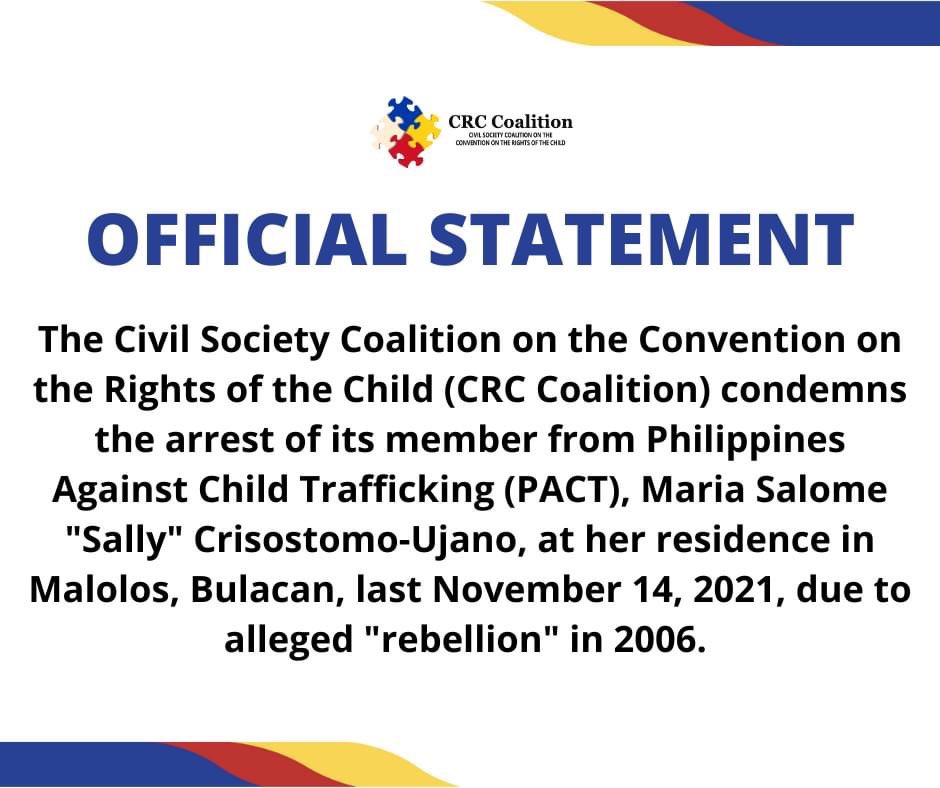 crccoalition's tweet photo. The Civil Society Coalition on the Convention on the Rights of the Child (CRC Coalition) condemns the arrest of its member from Philippines Against Child Trafficking (PACT), Maria Salome "Sally" Crisostomo-Ujano, due to alleged "rebellion" in 2006. https://t.co/ct4V0WGAOS