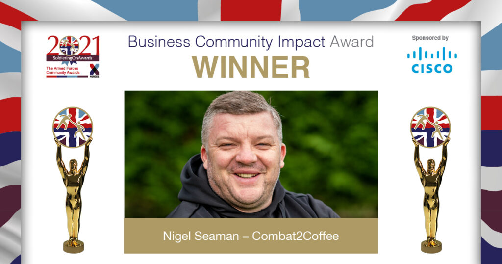 SoldierOnAwards's tweet image. The #SOA2021 Business Community Impact Award, sponsored by @CiscoUKI, was won by Nigel Seaman &amp;amp; @Combat2C which supports #veterans suffering with #mentalhealth issues to train as barristas and find employment.

Learn more about Nigel &amp;amp; C2C here ➡️ bit.ly/3kFtaoa 🏆