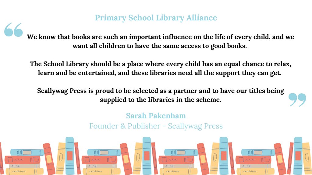 Scallywagpress's tweet photo. We’re extremely proud to be involved in the Primary School Library alliance with @Literacy_Trust and @PenguinUKBooks. Here are a few words on why we care, from our founder &amp; publisher Sarah Pakenham. 📚

https://t.co/SI1yFsFhkH

 #libraries #edutwitter #childrensbooks https://t.co/oCu9DmKDeP