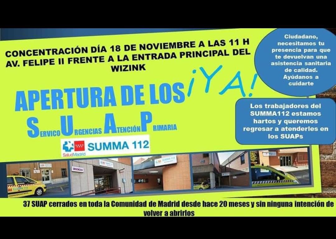 Concentración convocada por los y las trabajadoras de  los servicios de urgencia de atención primaria
Mañana jueves 18 a las 11 h. avda Felipe II Wizink Center
 Ppor la apertura de los 37 cerrados en toda la Comunidad  y sin la intención de volver a abrirlos
#AtencionPrimaria